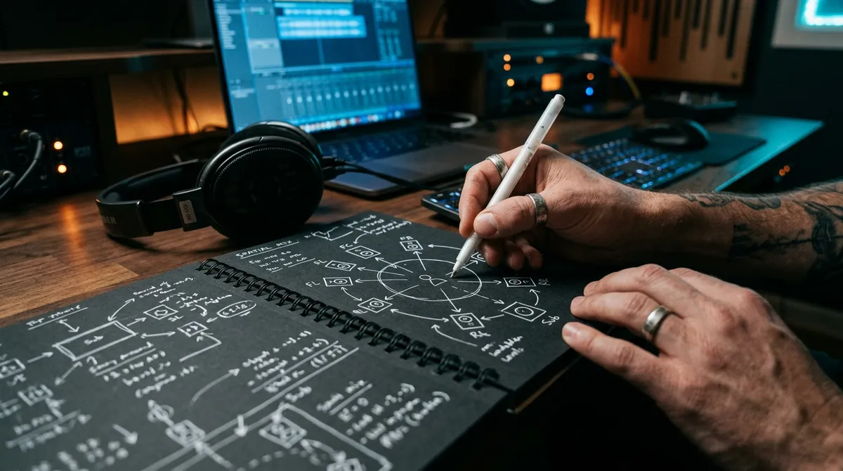 A producer's hand sketching a top-down speaker layout with arrows in a black notebook next to studio headphones and a laptop