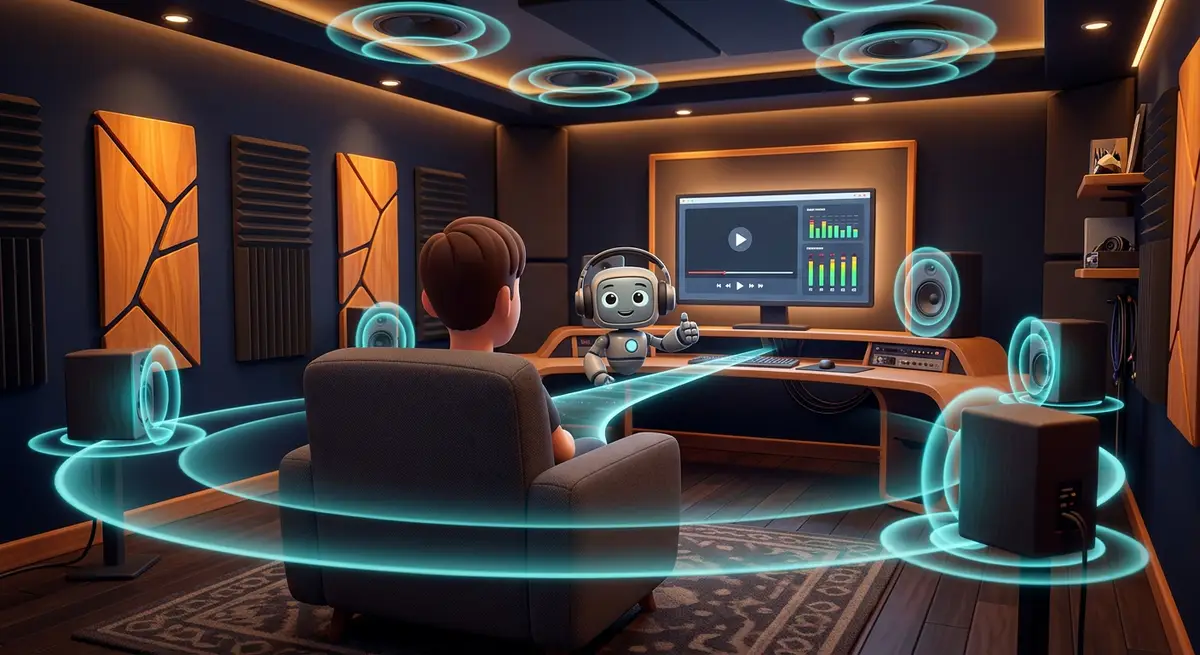 A home listening room with a desk, surround speakers and ceiling speakers, a small robot in headphones sitting next to the computer