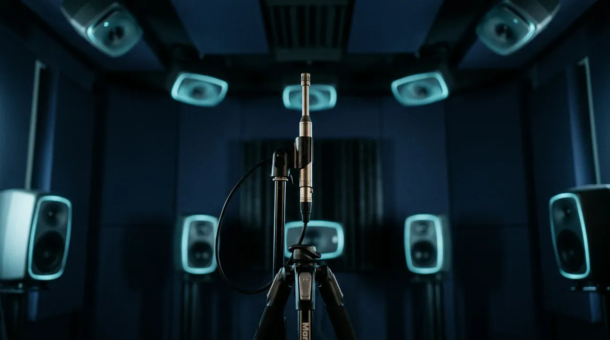 A measurement microphone on a tripod at ear height in the centre of an immersive studio surrounded by speakers and ceiling monitors