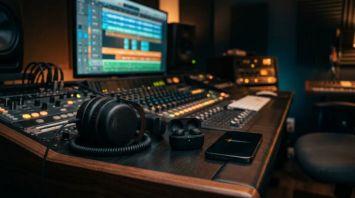 Over-ear studio headphones, wireless earbuds in an open case and a smartphone lined up on a mixing desk in front of a mixing screen